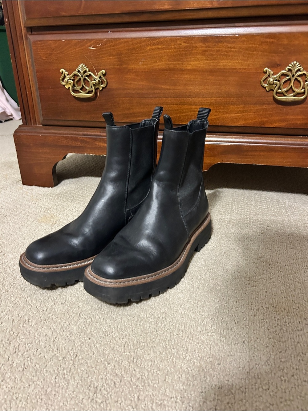 Sam Edelman Black Leather Lug Sole Chelsea Boots with Brown Welt